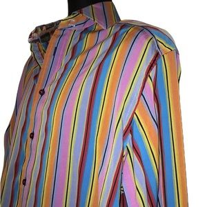 ROBERT GRAHAM Multicolored Striped Silk Trim Shirt~Vintage Radios~XL